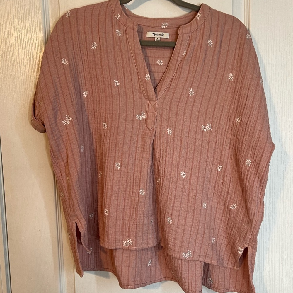 Madewell Women's Daisy Embroidered  Blush Pink Lakeline Popver Top Size S